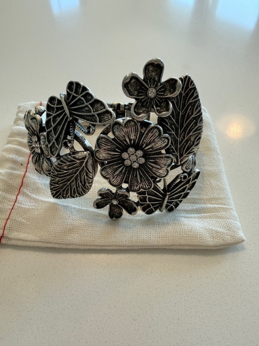 Floral Leaf Silver Tone Cuff Bracelet